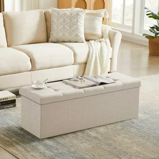 Zedelmaier Sitzbank mit Stauraum, faltbar, 114 x 38 x 38 cm, Beige | Leinen, gepolstert, 120 L, bis 150 kg; als Sitzhocker mit Stauraum, Truhenbank und Fußbank für Flur, Schlaf- und Wohnzimmer
