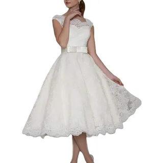 RONGLONG Brautkleider Standesamt Hochzeitskleider Spitze Damen Knielang a Linie mit Gürtel, White, 48 - 48