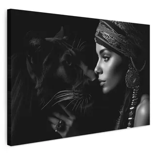 MuchoWow© Wandbilder Groß XXL Schlafzimmer Home Deko Wohnung Bild | 120x80 cm - Wohnzimmer Fotoleinwand Wand Bilder Leinwand Wall Decor Frau - Panther - Tiere - Schwarz und weiß - Porträt