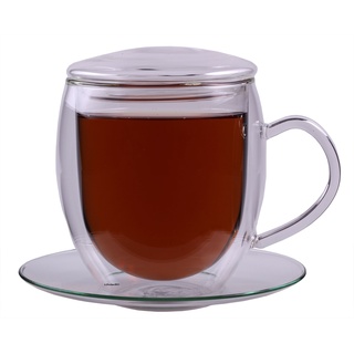 Feelino Teetasse aus Glas Doppelwandig, Teegläser mit Henkel und Untertasse, 400ml Doppelwandige Teegläser, 1x Teeglas mit Deckel, Spülmaschinenfeste Thermo-Teegläser, Tee Gläser mit Schwebe-Effekt