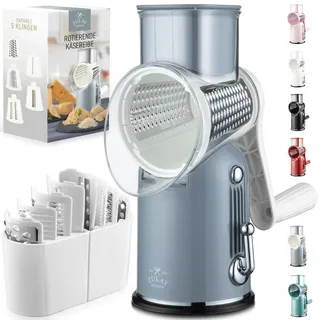 Zulay Kitchen Käsereibe Manuell mit 5 Trommeln - Reibe Edelstahl Handkurbel Gemüsereibe & Parmesanreibe, Käsereibe mit starker Saugkraft, runde Reibe Spätzlehobel, Küchenreibe mit Kurbel, Gray