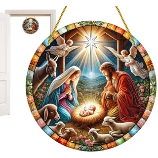 Jesus Krippen Szene Schild Maria Acryl Türschilder Krippenszene Weihnachtsdekoration Vordertür Schmuck Christliche Home Deko für Wohnzimmer Café,Weihnachtsbaum Kamin Wand Fenst