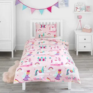 Bloomsbury Mill - Kinderbettwäsche 135x200 - Einhorn Bettwäsche Mädchen 135x200 - Prinzessin und Regenbögen - Kinder Wendebettwäsche und Kissenbezug Set - Rosa & Lila Einzelbettwäsche-Set