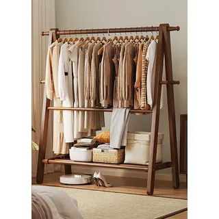 Cutfouwe Holz Kleiderständer Garderobe, große Faltbare hängende Kleidung, Stand Kleiderständer mit Lagerung Regal, Kleidung Lagerung, Home Organisation, natürliche Buche,47" with Pants Rack