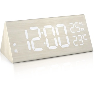 Wecker Digital Holz, LED Tischuhr Holzoptik 7 Helligkeit und 5 Lautstärke Dual Alarm Uhr mit Luftfeuchtigkeit- und Temperaturanzeige USB Netzanschluss für Schlafzimmer, Büro, Wohnzimmer Weiß