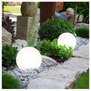 etc-shop LED Gartenleuchte, LED-Leuchtmittel fest verbaut, Warmweiß, 2er Set LED Außen Solar Lampen Kugel Design Erd Spieß Steck weiß