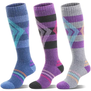 Welwoos Merino Wollsocken Skisocken Warme Thermosocken Dicke Thermo Wintersocken für Damen Herren Winter Geschenke Ski Socken 3 Paare(Blau/Lila/Grau,L) - 42-46
