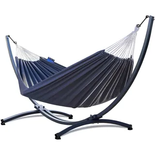Potenza Outdoor Hängematte mit Gestell für 2 Personen I Baumwolle Doppelhängematte XXL 220x160, 200kg I Hängemattengestell 220kg, wetterfest (Grau, Basic Gestell Graphit)