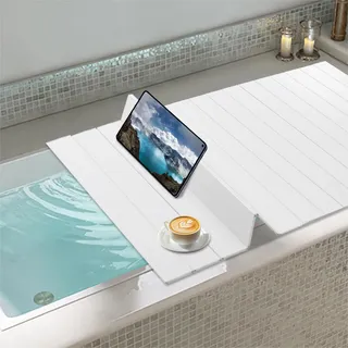 Garbenat Badewannenabdeckung 170 x 75 cm Faltbare Badewanne Brett PVC Badewannenablage Isolierung Badewannenbretter Weiß Holzmaserungs Badewanne für Haus Badezimmer