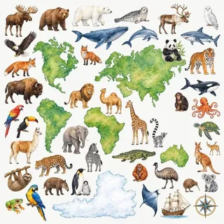 Wandtattoo Kinderzimmer Weltkarte Mit Tieren, 48er Set, Kontinente, Tiere, Schiff, Flugzeug, Kompass, Wandsticker selbstklebend und ablösbar, 100 ... - Bunt