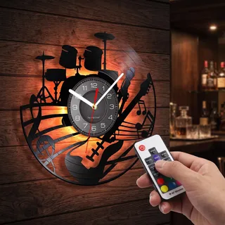 Timethink 30.5 cm (12 Zoll) Gitarre und Schlagzeug-Set, LED-Schallplatten-Wanduhr mit 7 Farben, Nicht tickend, modernes Rock N Roll Instrument zum Aufhängen, Nachtlicht, Musikliebhaber, Geschenk