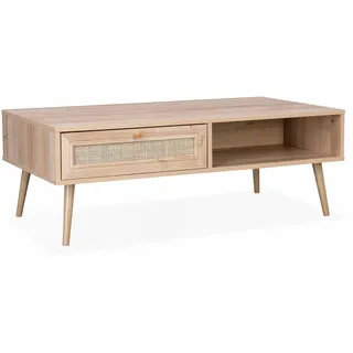 sweeek Couchtisch mit Rohrgeflecht 110 x 59 x 39 cm - Schublade - Ablagefläche - Skandinavische Kompassbeine