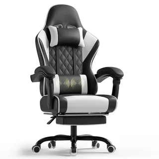 TRIUMPHKEY Gaming Stuhl mit Lendenwirbel massagekissen, Ergonomischer Bürostuhl mit ausziehbarer Fußstütze, Kopfstütze, GamingStuhl mit 90-135°Verstellbarer Rückenlehne, 150kg Tragkraft, Weiß