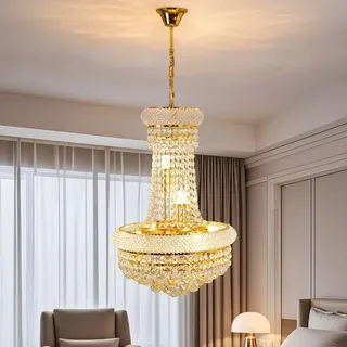 Vrygle Kristall Kronleuchter Ø40 cm: 6 x E14 Lampen, Vintage Korb Lüster, 3 Farbtemperaturen, höhenverstellbar, Wohnzimmer & Esszimmer - Gold