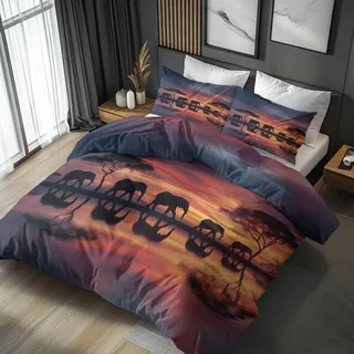 Generisch Bettwäsche Afrika Elefant 2tlg, Deckenbezug 140x200, 1 Kissenbezug 70x90, Sonnenuntergang Afrikanische Tiere Wendebettwäsche & Deko, Weiche Mikrofaser Bettbezug Set mit Reißveschluss CLO1