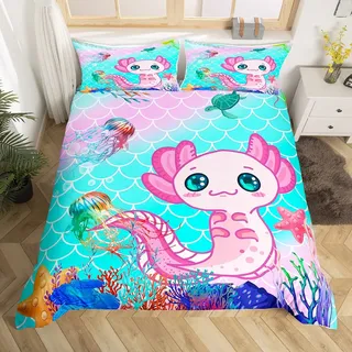 Loussiesd Mädchen süßes Axolotl Betten Set Kleinkind Gradient Meerjungfrau Scales Bettwäsche Set 135x200cm Kinder Kawaii Ozean Leben im Meer Bettbezug Set Jungs Children Colorful Karikatur Meer Tier