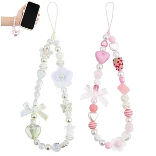 AMOYER 2 Stück Handy-Anhänger mit Handgelenkschlaufe, niedliche Erdbeere/Blume, Perlen-Handykette, Handy-Lanyard, Tasche, Rucksack, hängender Anhänger
