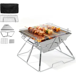 Hebitod Mini Campinggrill Klappbar 31x31cm Holzkohlegrill Edelstahl Tragbarer Grill mit Tragetasche, Kleiner BBQ Grill 2-fach Höhenverstellbar für Camping Picknick Balkon Garten
