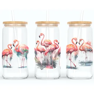online-hut - Trinkglas - Longdrink Glas - Becher aus Glas inkl. Deckel und Strohhalm - mit Flamingo Kolonie - A-TB-01-1 (Transparent)