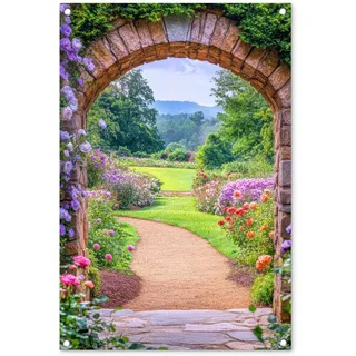 MuchoWow© Gartenposter Outdoor Bilder Gartendeko für draußen Wetterfest | 60x90 cm - Garten Deko Modern Geschenke Banner Draußen Bild Durchsichtiges - Tor - Blumen - Garten