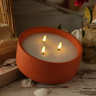 MARELIDA XXL LED Kerze in Betonoptik Echtwachskerze 3 Docht Flamme 6-Stunden Timer für Innen D: 20cm (Terracotta)