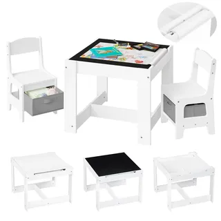 Lestarain Kindertisch mit 2 Stühlen, 3 TLG., Malttisch für Kinder Weiß | Kindersitzgruppe Mit Stauraum Tischplatte mit Tafel und Papierrolle enthält Zeichenpapier, Für Kinderzimmer Spielzimmer