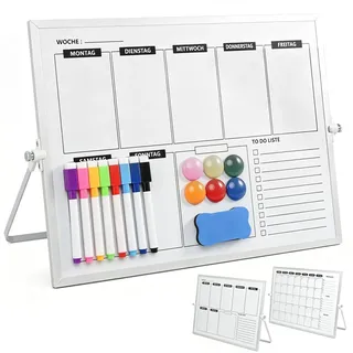 Doppelseitiges Whiteboard mit Ständer, Wochenplaner Monatsplaner Whiteboard Magnetisch, 40x30cm Wochenplaner Abwischbar inkl 8 Marker, 6 Magnete, 1 Schwamm ﻿ (Grau)