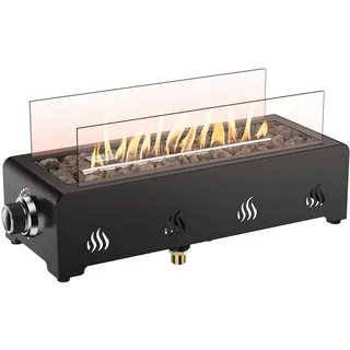 Onlyfire 45,7cm Kleine Gas Feuerstelle mit 1,5kg Lavastein, Glaswindschutz und Gasdruckregler, Outdoor Tischfeuer, 3,2 kW, Feuerschalen für den Garten, Unterer Lufteinlass, Rechteckig