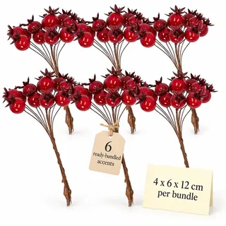 MIJOMA Set von 6 Bündeln Künstlicher Beeren – Exquisite Weihnachtsdekoration, Ideal als Weihnachtsschmuck, Tischdekoration, Hochwertige Deko Beeren (Dunkelrot)