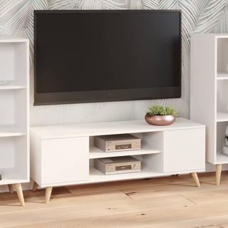 Dmora TV-Schrank mit 2 Türen und 1 Mittelregal, Sideboard mit Füßen, Wohnzimmerbuffet im skandinavischen Stil, cm 155x40h50, Farbe Weiß