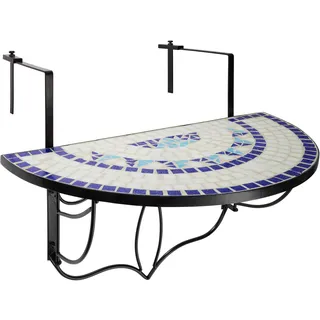 tectake® Balkonhängetisch Mosaik, halbkreisförmiges Design, Balkontisch klappbar, Massive Steinmosaik-Tischplatte, Balkontisch mit Metallhaken, Hängetisch für Terrasse und Balkon - blau/weiß