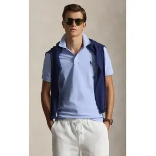 Polo Ralph Lauren für Herren. 710941439508 Poloshirt aus elastischem Piqué Custom Slim Fit hellblau (L), Lässig, Baumwolle, Kurzarm