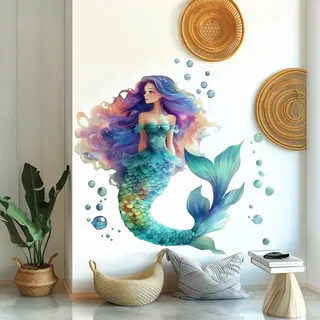Decords Wandtattoo – bunte Meerjungfrau in einer Unterwasserwelt, 60 cm