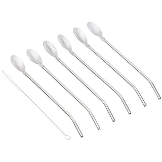 Rosenstein & Söhne Strohhalmlöffel: 6er-Set 2in1-Trinkhalm-Löffel aus Edelstahl, mit Reinigungsbürste (Strohhalm mit Löffel, Loeffel mit Strohhalm, Eis)