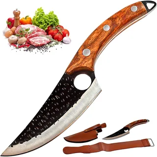 Serbische Küchenmesser (Metzgermesser), Fleisch-Hackmesser, Ausbeinmesser, geschmiedetes Kochmesser mit Scheide und Abziehriemen, für das Schneiden von Gemüse & zum Hacken, für zuhause, Camping & BBQ