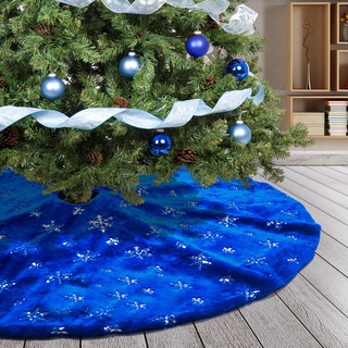 DecroXmas Weihnachtsbaumrock 122 cm Blauer Kunstpelz und silberner Glitzer Schneeflocke Weihnachtsbaumkissen Basis Silvester Partydekoration