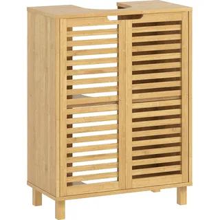 HOMCOM Waschbeckenunterschrank Badezimmer Unterschrank aus Bambus Badezimmerschrank mit 2 Lamellentüren und verstellbarem Einlegeboden, Waschtischunterschrank, Natur, 60 x 30 x 80 cm   Aosom