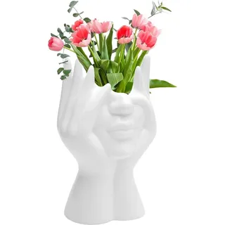 Tulpenvase keramisch, 19x9 cm, weiß mit Gesicht, für Wohnzimmer