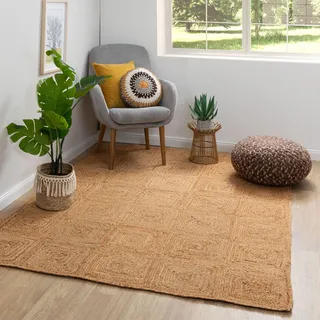 Steffensmeier Jute Teppich Goa | Rechteckig | Wohnzimmer, Flur, Eingangsbereich, Naturfaser, hangeflochten, Quadrate, Größe: 80x150 cm