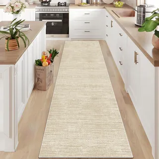HaeBnug Teppich Läufer Flur Küche rutschfest Waschbar Teppichläufer 50 x 150 cm Flurläufer küchenläufer Modern Polyester Lang Fußmatte Wohnzimmerteppich für Esszimmer Korridor Meterware Beige