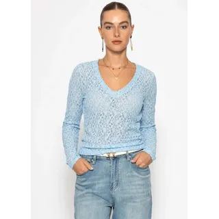 SASSYCLASSY Langarmshirt Spitzenshirt mit V-Ausschnitt für Damen Elegantes Langarmshirt mit floralem Muster in leichter Transparenz blau S
