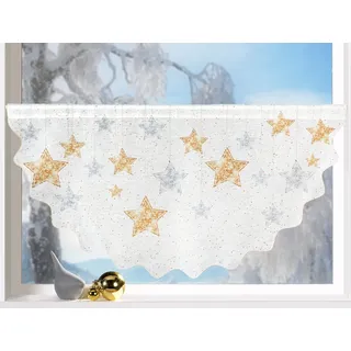 heimtexland Scheibengardine Weihnachten Fensterdeko Gardine Weihnachtsgardine (1 St), Stangendurchzug, halbtransparent, Leinen-Optik, 45x90 cm I durchscheinend I bedruckt I Sterne gold silber bunt