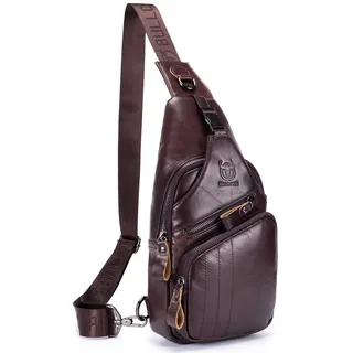 BULLCAPTAIN Leder-Umhängetasche für Herren, lässig, Umhängetasche, Brusttasche, Reisetasche, Tagesrucksack, Braun, Small - S