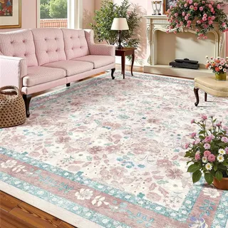 Blumen Teppich 180x240cm Beige Blau Vintage Boho Waschbar Rutschfest Wohnzimmerteppich Weiche Kurzflor Farbenfrohe Dünne Schlafzimmer Bodenmatte Für Esszimmer Spielzimmer Kinderzimmer Bauernhaus