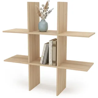 Spetebo Holz Wandregal 55 x 55 cm schwebend mit 6 Fächern - Natur - Schweberegal im Würfel Design mit Melamin Furnier - Hängeregal Bücherregal Dekoregal Pflanzenregal Regal für Wandmontage