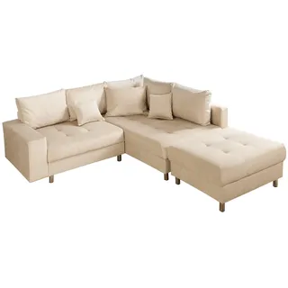 Wohnlandschaft KENT - 220cm - champagner beige - Samt - inklusive Hocker