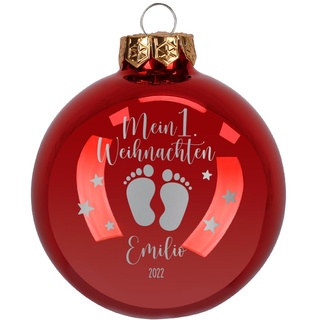 Herz & Heim® Weihnachtskugel aus Glas mit persönlicher Gravur/Rot oder Weiß/Matt oder Hochglanz/Ø 8 oder 10 cm/Verschiedene Motive Ø 10 cm, Rot Hochglanz, Mein erstes Weihnachten