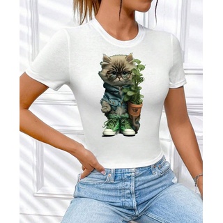 RMK T-Shirt Damen Shirt Top kurzarm Freizeit Rundhals Blume Garten "Cat Katze" in Unifarbe, aus Baumwolle, mit lizenziertem Print weiß