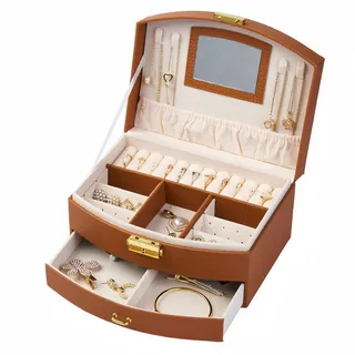 FOUORTUNATE-BEE Schmuckkassette Damen Schmuckbox 2 Ebenen Reise Ring Ohrring Kette Aufbewahrung, Große Schmuckbox mehrschichtig für Ringe Ohrringe Halsketten braun