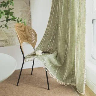 Ccykxa Halbverdunkelnde Leinen-gardinen Im Bohemian-stil Für Schlafzimmer, Wohnzimmer, Küche, Shabby Chic, Mit Quasten, 1 Paneel, 132,1 X 160 Cm (b X T)